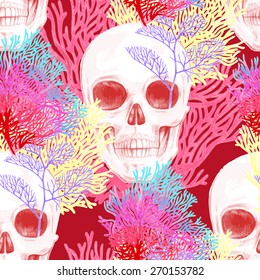 Illustration of the seabed with a skull and corals. Vector. Seamless background for textile, fabric, paper, wallpaper.