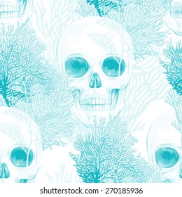 Illustration of the seabed with a skull and corals. Vector. Seamless background for textile, fabric, paper, wallpaper.