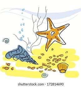 Illustration of seabed, starfish, seashells, snails and sand