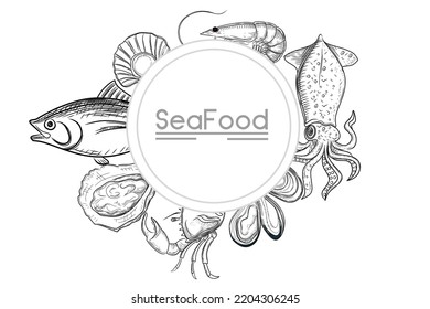 Illustration of seafood circle pattern with different type of delicacy vector illustration monochrome outline on white background