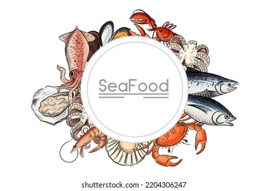 Illustration of seafood circle pattern with different type of delicacy vector illustration on white background