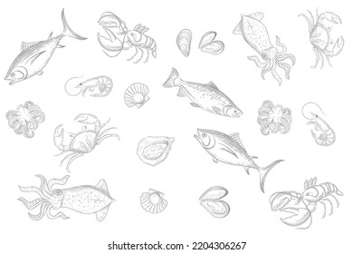 Illustration of seafood collection with different type of delicacy vector illustration monochrome outline style on white background