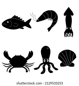 illustration of seafood with fish, squid, octopus, prawns, shell and crabs. suitable for use for seafood restaurant templates and markets.