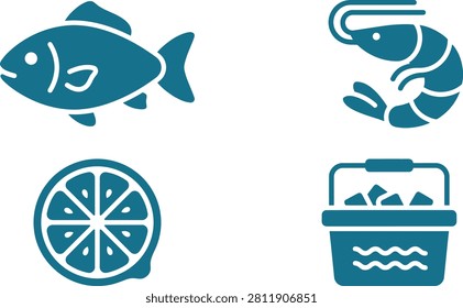 Illustration of seafood items including a fish, shrimp, lemon, and ice bucket, suitable for culinary use