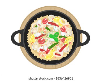 Illustration of seafood paella on a plate.