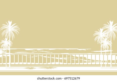 Illustration of seafront in white and sand colors
palm trees, parapet, sky and ocean