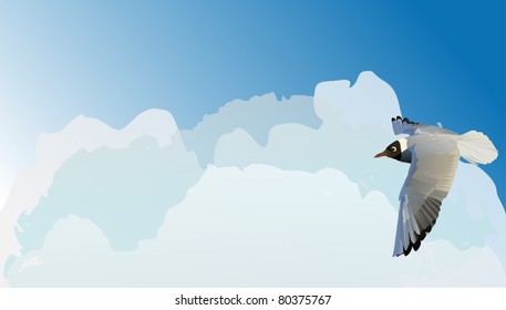 illustration with seagull in cloud sky