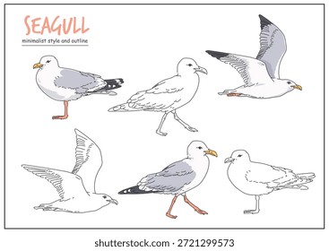 Ilustración de una gaviota representada en múltiples poses con contornos claros, enfatizando sus características y acciones distintivas. Concepto de diseño animal