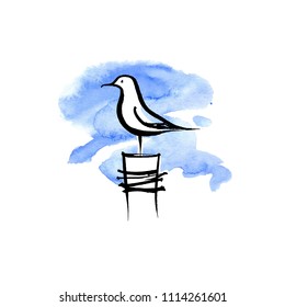 Illustration of a seagull drawn watercolor and ink.