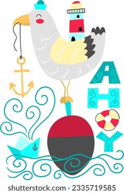  Illustration of a seagull on a buoy in the sea, with an anchor in its beak, a lighthouse and the word ahoy, design for t-shirt