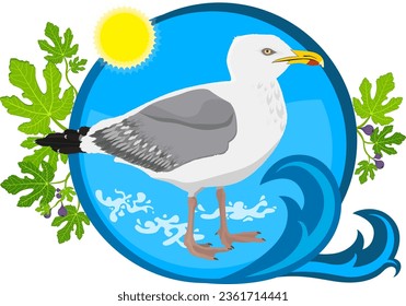 illustration of the seagull placed inside the circle with stylized waves, sun and fig branches on the background