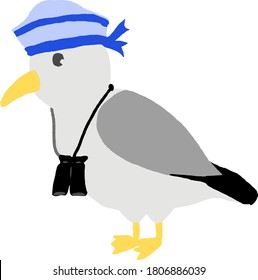 Illustration of a seagull sailor with binoculars hanging from his neck