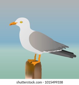 An illustration of a seagull standing on a pole