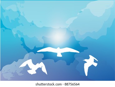 illustration with seagulls in cloud sky