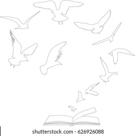 illustration with seagulls flying above open book isolated on white background
