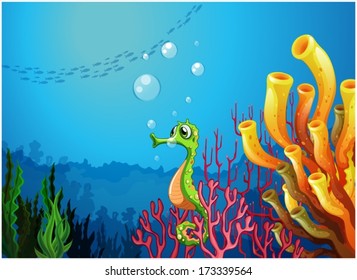 Illustration of a seahorse near the coral reefs