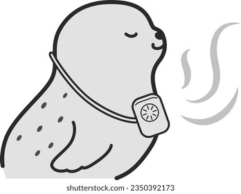 Illustration of a seal with a mini electric fan around its neck(black and white)