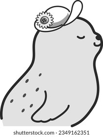 Illustration of a seal wearing a hat(black and white)