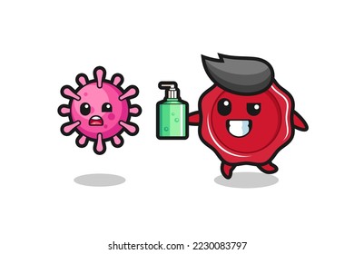 illustration of sealing wax character chasing evil virus with hand sanitizer , cute style design for t shirt, sticker, logo element