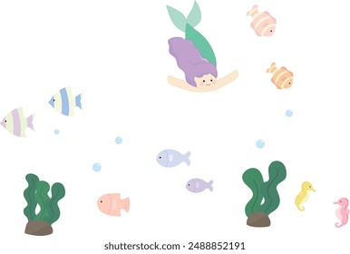 Illustration in the Sea,mermaids and fish