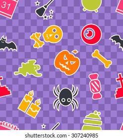 Illustration Seamless Abstract Pattern with Cartoon Colorful Halloween Symbols - Vector