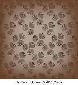 An illustration of a seamless abstract pattern consisting of multiple repeating spiral shapes. The background of the image has a gradient from light brown in the center to dark brown at the edges, whi