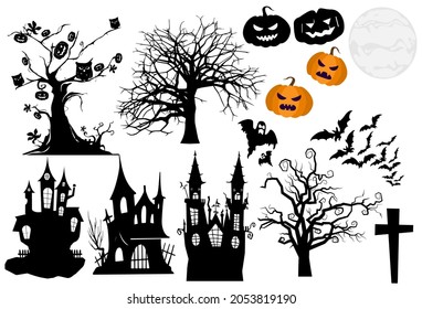 Illustration seamless background abstract pattern for Halloween party and pumpkin  castles  ghosts  bat spiders  witches  cauldron  scary trees  A sketch for Halloween  Flat silhouette style  EPS 10