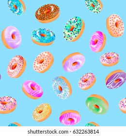 illustration of a seamless background with donuts with a fruit glaze of different colors and sprinkles.