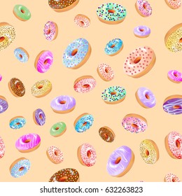 illustration of a seamless background with donuts with a fruit glaze of different colors and sprinkles.