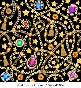 Illustration of a seamless background with gold jewelry chains with tassels and pendants from precious stones of different shapes and cuts.