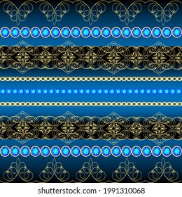 Illustration of a seamless background with gold patterns, gems and chains 