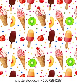 Illustration seamless background with ice cream fruits and candies