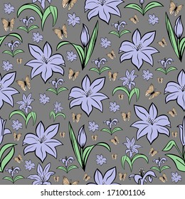 Illustration of seamless background from lilies and butterflies