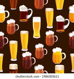 Illustration of seamless background with mugs and glasses of beer