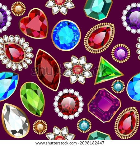 Illustration seamless background pattern with jewels of different colors and shapes 