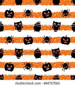 Illustration Seamless Background with Pumpkin, Spider, Pot, Owl. Holiday Wallpaper for Halloween - Vector
