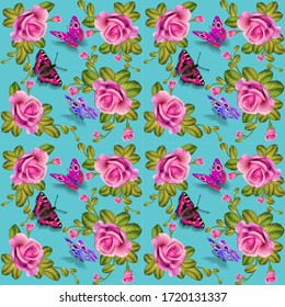 Illustration seamless background with roses and butterflies.