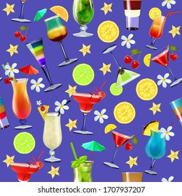 Illustration seamless background with tropical alcoholic cocktails and fruits.