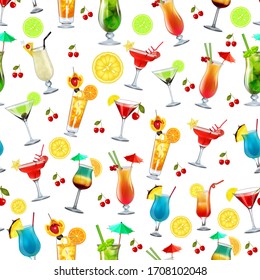 Illustration seamless background with tropical alcoholic cocktails and fruits.