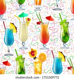 Illustration seamless background with tropical alcoholic cocktails and fruits.