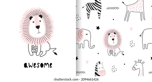 Illustration and seamless childish pattern with cute animals in black and white style. Creative scandinavian kids texture for fabric, wrapping, textile, wallpaper, apparel. Vector illustration