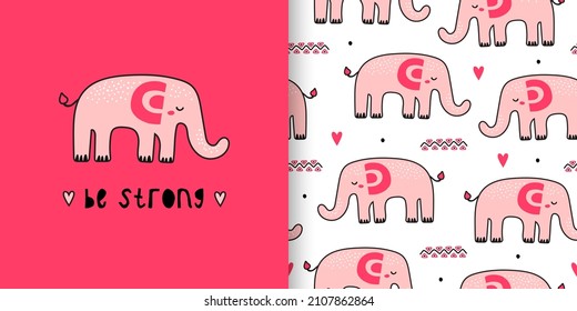 Illustration und nahtlose kindliche Muster mit süßem Elefant in schwarz-weißem Stil. Kreative skandinavische Kindertextur für Stoff, Umhüllung, Textilien, Tapeten, Bekleidung. Vektorgrafik
