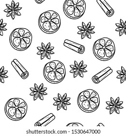 illustration seamless christmas pattern of mandarin orange slices, cinnamon and anise flower. black lines on a white background. for design, print, paper, fabric, banners. Vector graphics