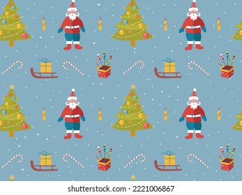 Ilustración de un patrón de Navidad sin fisuras en un fondo azul. Estilo Doodle. Idea para envolver papel de vacaciones, diseño de caja de regalo.