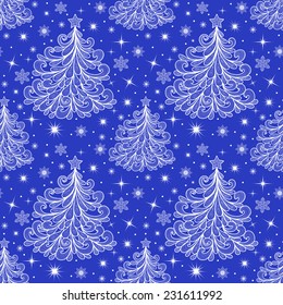 Illustration of seamless Christmas pattern with trees with and snowflakes in white and blue colors 