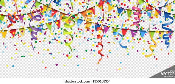 illustration of seamless colored confetti, garlands and streamers background for party or carnival usage with transparency in vector file