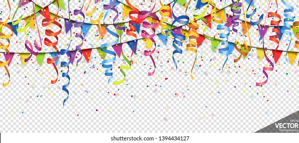 illustration of seamless colored confetti, garlands and streamers background for party or carnival usage with transparency in vector file