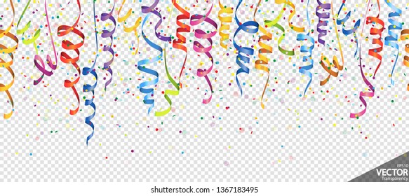 illustration of seamless colored confetti and streamers background for party or carnival usage with transparency in vector file