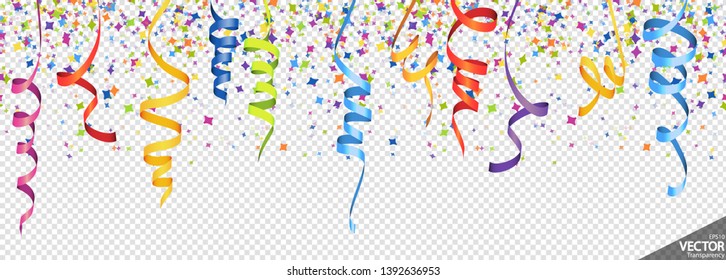 illustration of seamless colored confetti and streamers background for party or carnival usage with transparency in vector file