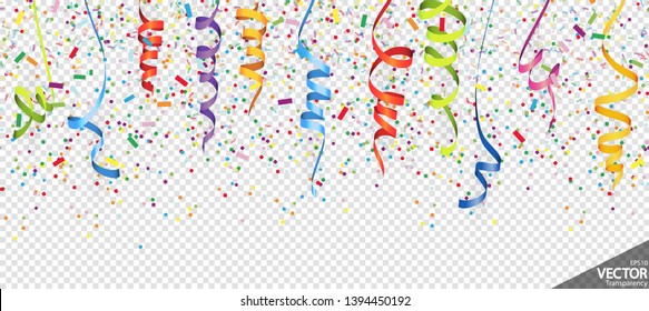 illustration of seamless colored confetti and streamers background for party or carnival usage with transparency in vector file